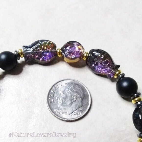 Purple + Black Iridescent Fish + Stone Beads Bracelet! 7"+ Adjust. Goth + Beachy - Picture 5 of 11